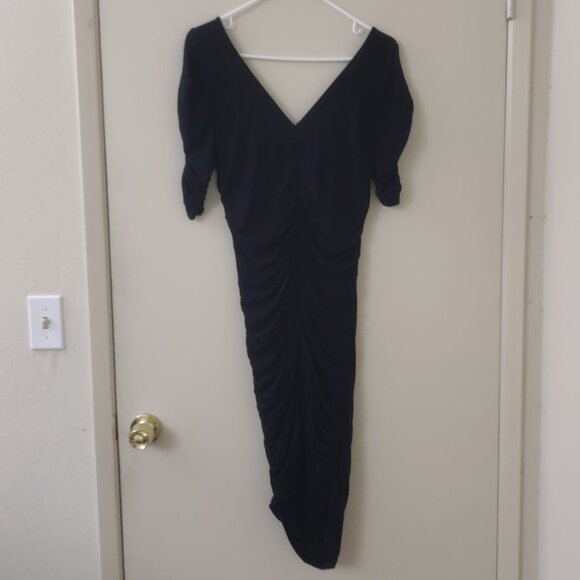 Ruched Black V Neck Dress - Picture 2 of 5